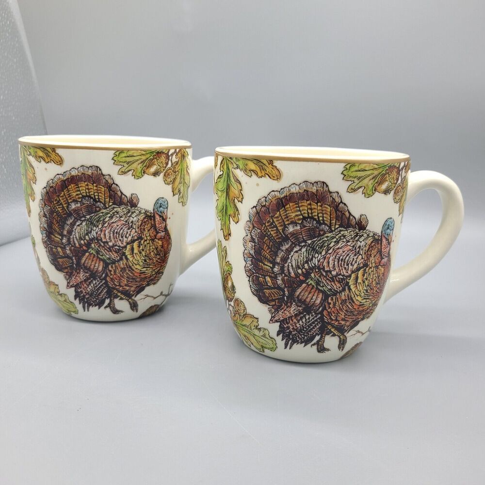Pier 1 Set (2) AUTUMN OAK Mugs TURKEY  Thanksgiving Earthenware 4.5" 16 oz New